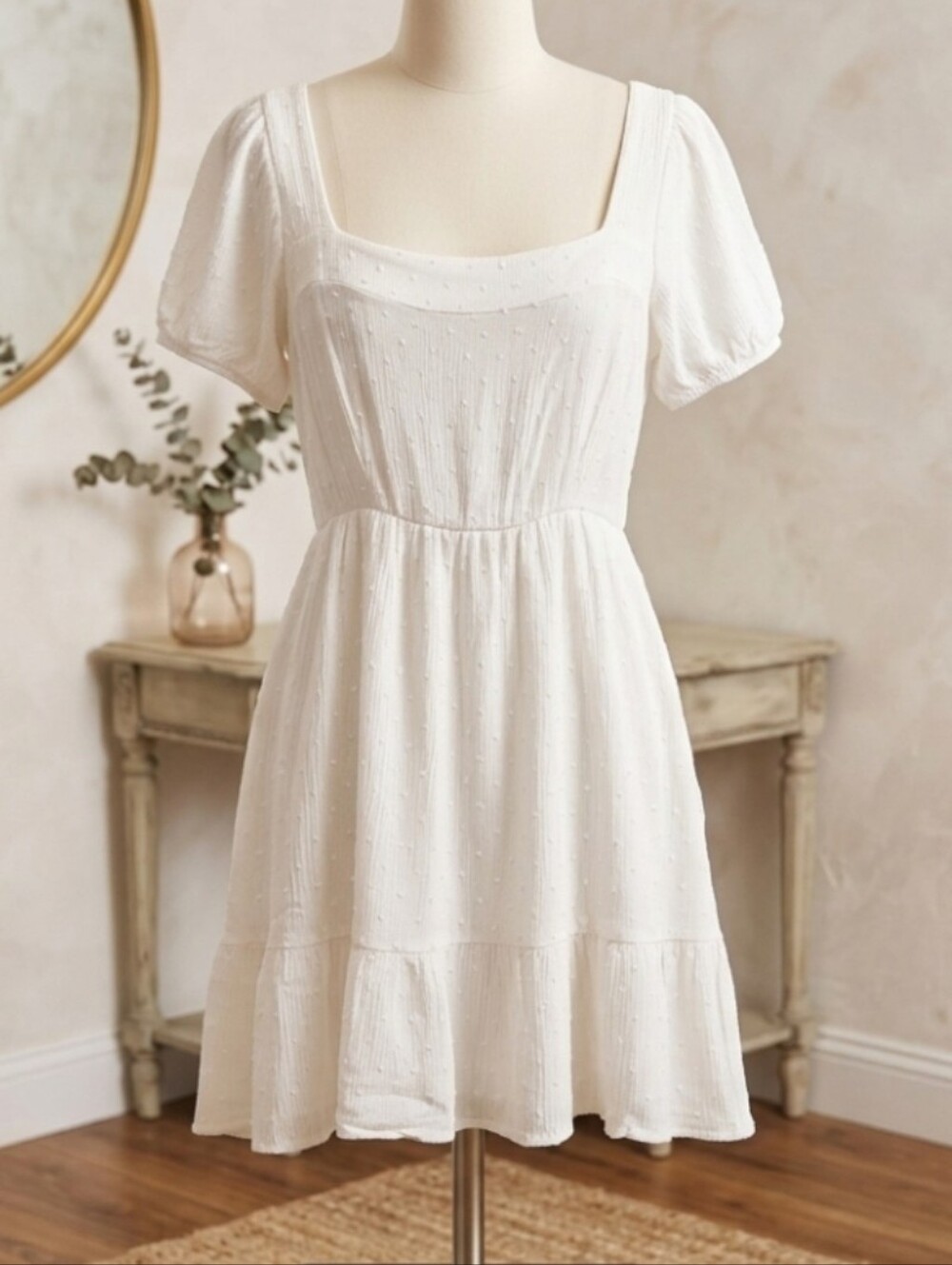 Altar'd State White Swiss Dot Babydoll Puff Sleeve Mini Dress Sm Tiered Ruffle